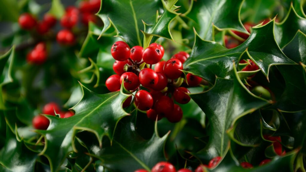Pianta di agrifoglio con bacche rosse