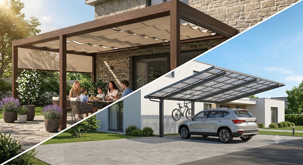 Confronto visivo tra una pergola in legno con zona pranzo all'aperto e una tettoia carport con pali posteriori per il parcheggio dell'auto